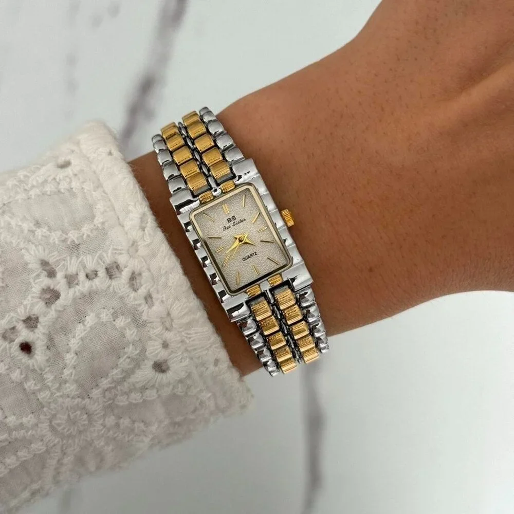 SKU0091 Retro Gold Silver Women Casual Square Watch Stainless steel + gift bag